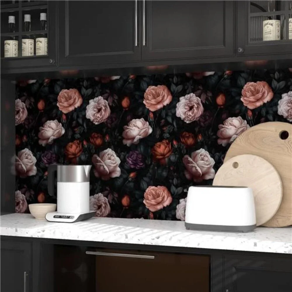 Dark Black Big Peony Floral Contact Paper Retro Wallpaper Peel